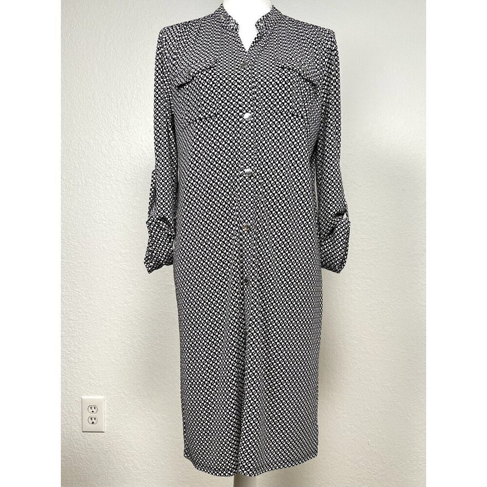 MICHAEL KORS Womens MEDIUM Black/White Geo Print Jersey Knit Shirt DRESS EUC